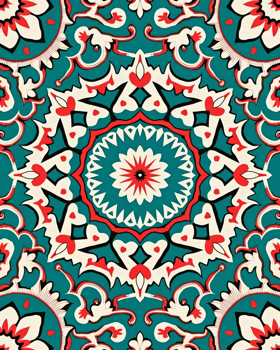 Teal Red White Intricate Mandala Rug