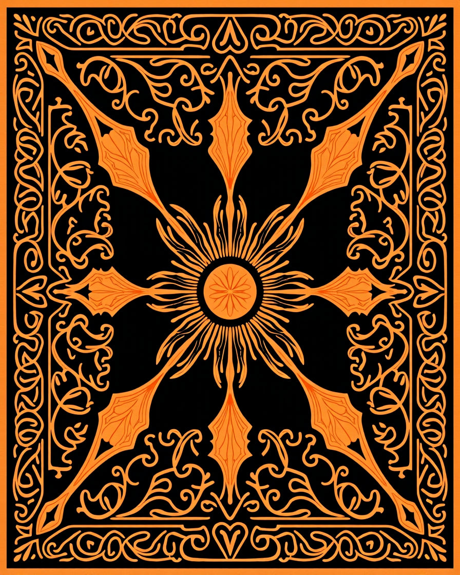 Orange Black Floral Sunburst Pattern Rug