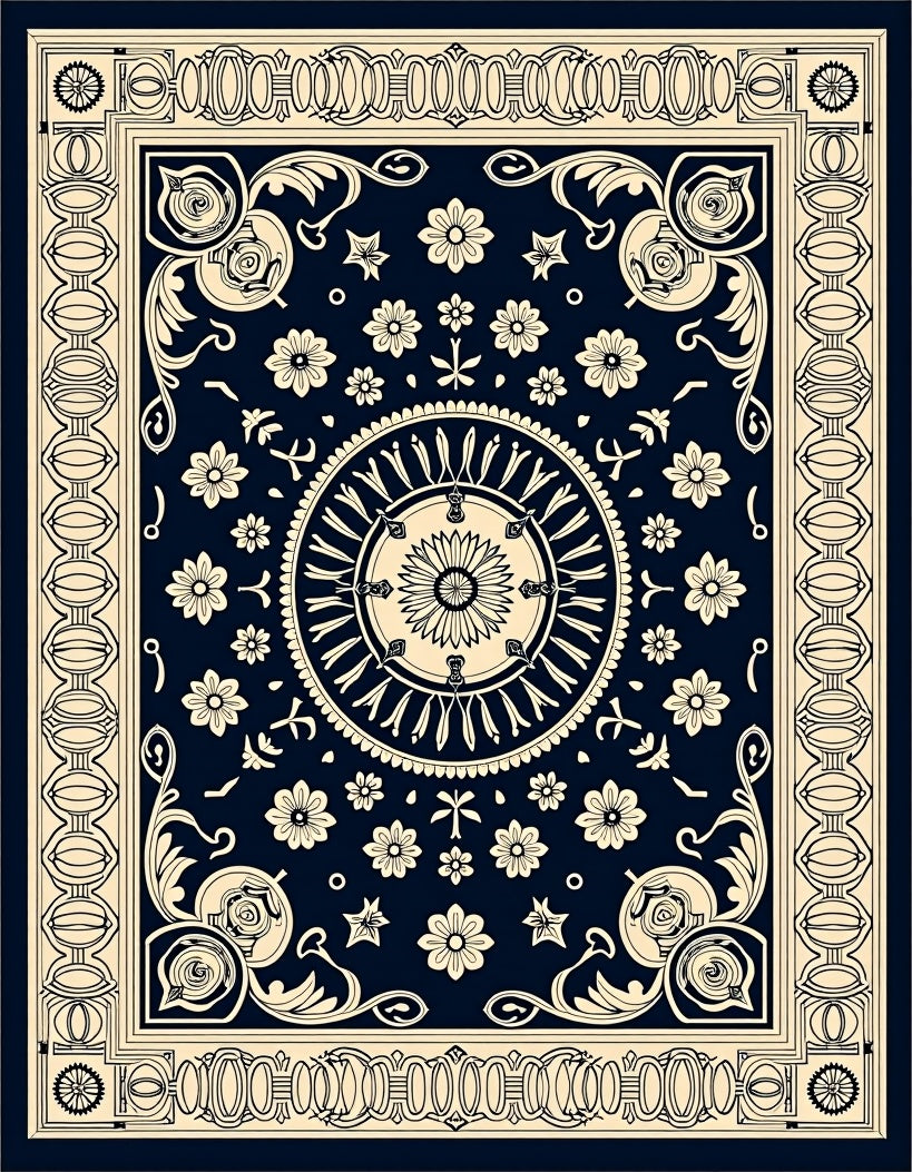Floral Medallion Scroll Border Rug
