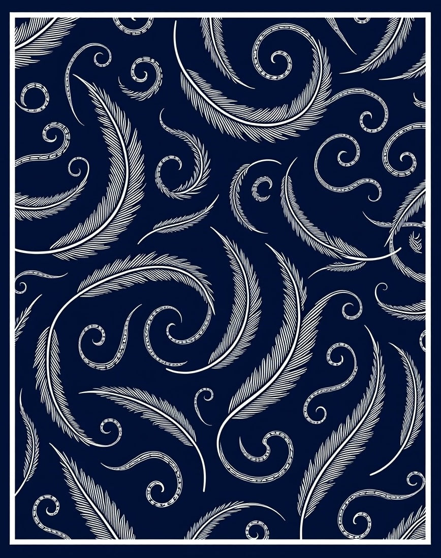 Dark Blue White Feather Swirl Pattern Rug