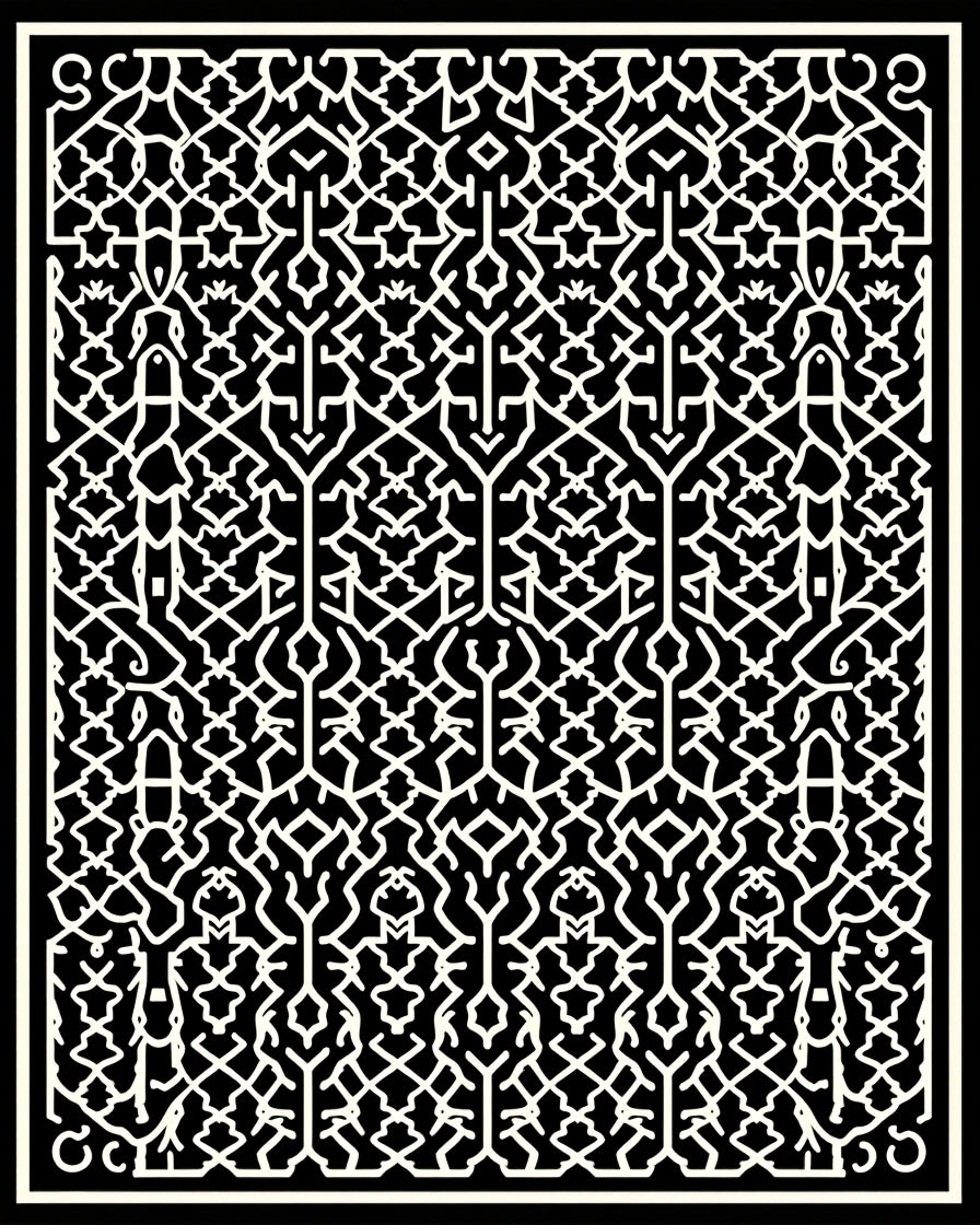Intricate Black White Geometric Lattice Pattern Rug