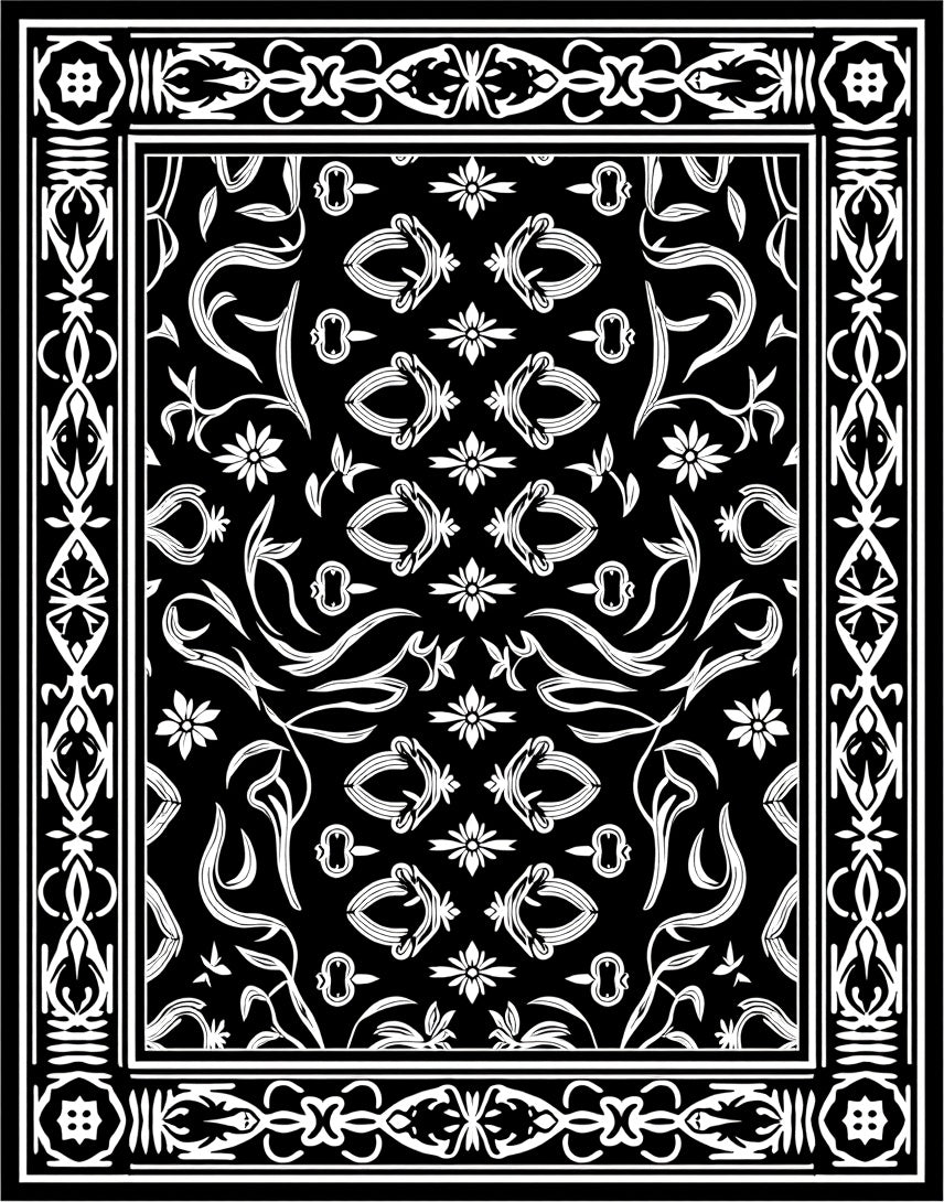 Classic Black White Floral Border Design Rug