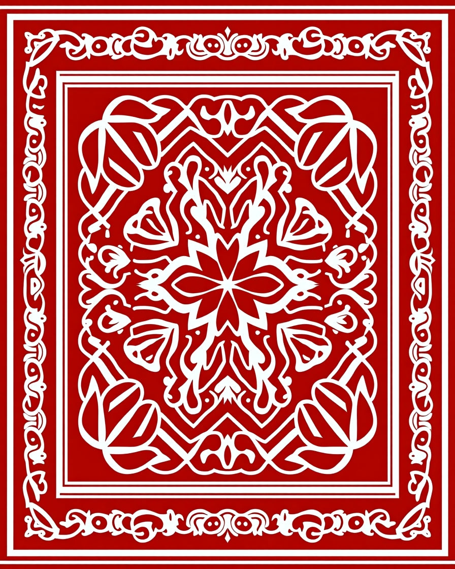 Intricate White Floral Red Pattern Rug