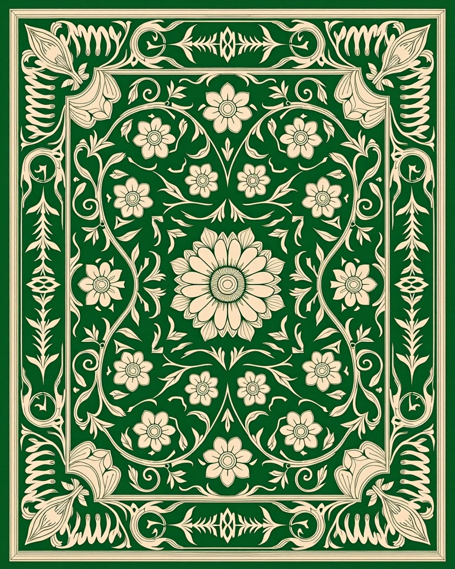 Elegant Green Floral Botanical Pattern Rug