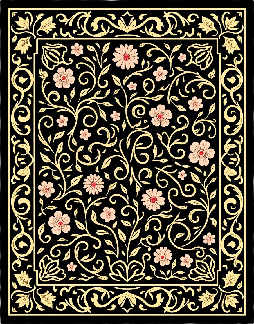 Black Garden Floral Vine Pattern Rug