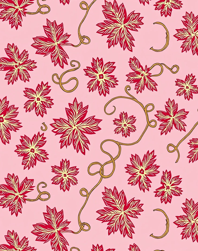 Pink with Red Leaf Vines Pattern Rug