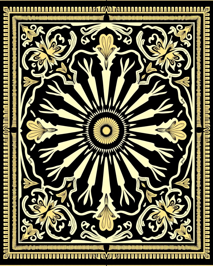 Black Gold Floral Sunburst Pattern Rug
