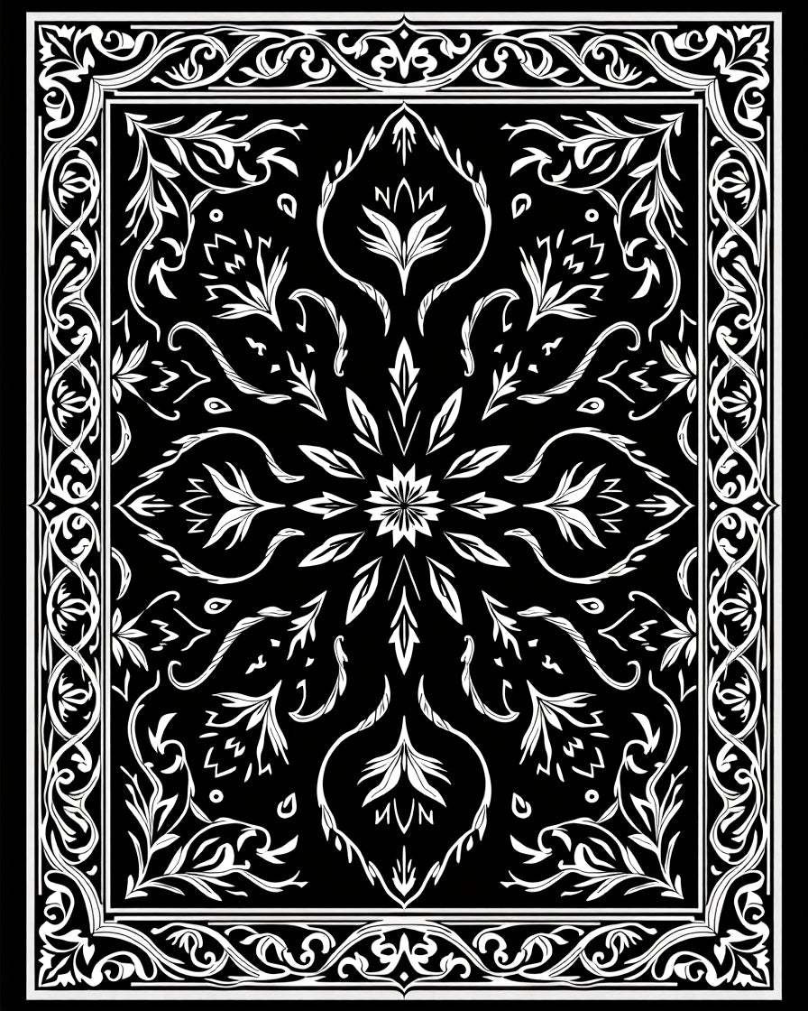 Ornate Black White Floral Design Rug