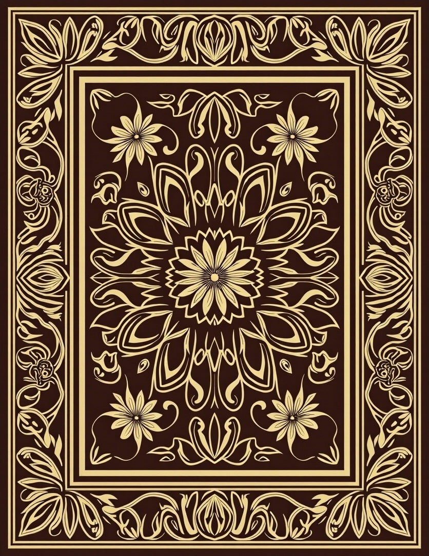Golden Floral Motif Dark Background Rug