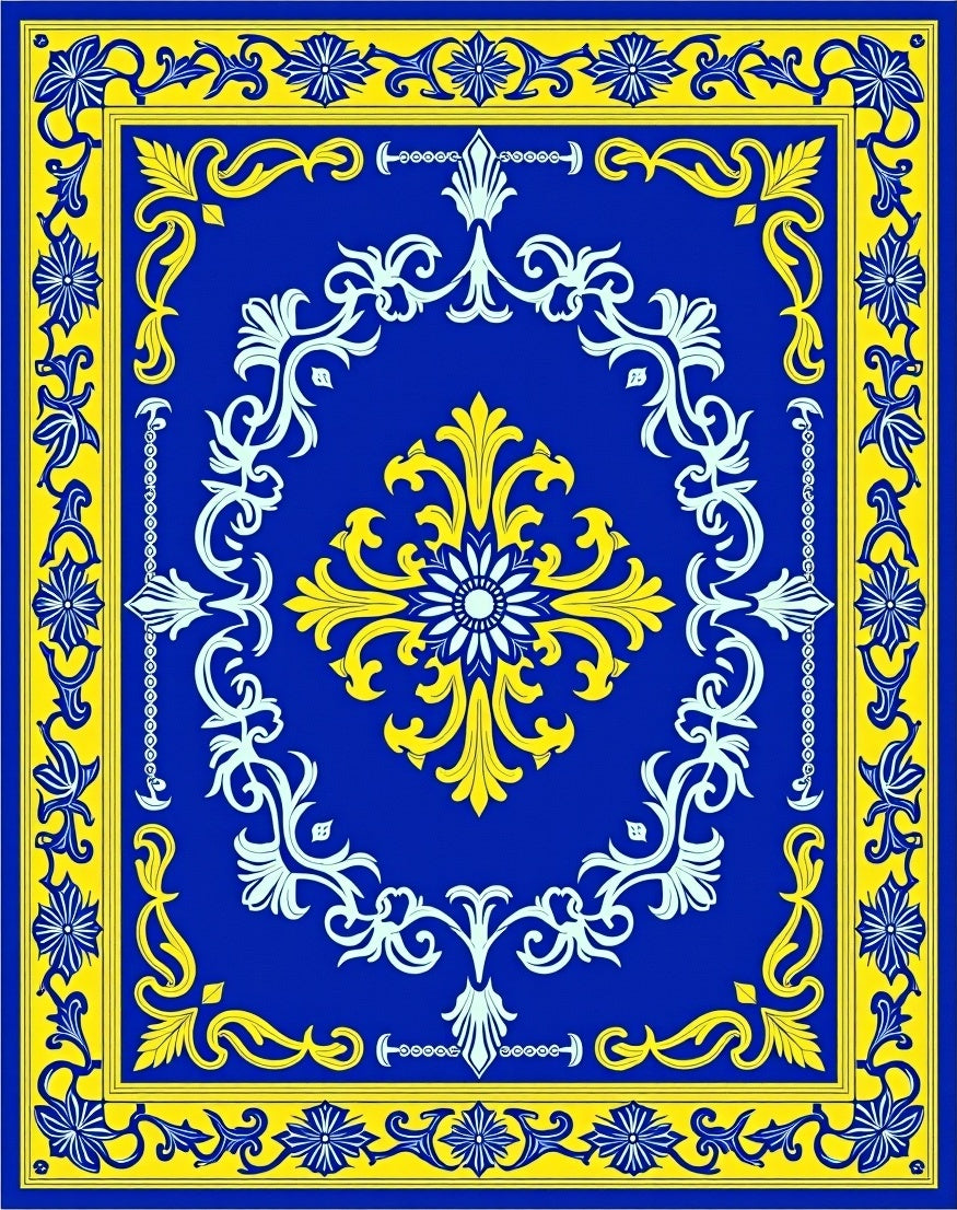 Royal Blue Yellow Floral Pattern Rug