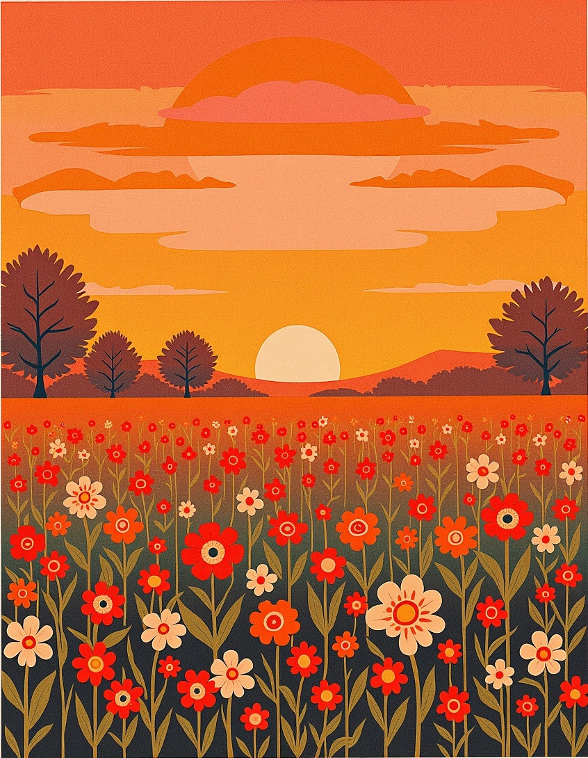 Retro Floral Sunset Meadow Rug