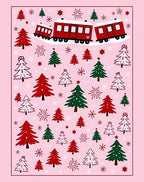 Whimsical red train Christmas trees snowflakes Rug