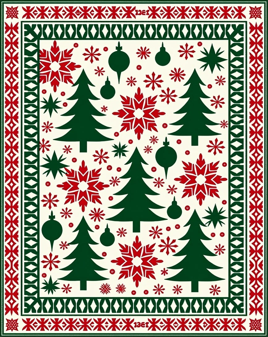 Christmas Trees Snowflakes Folk Art Rug