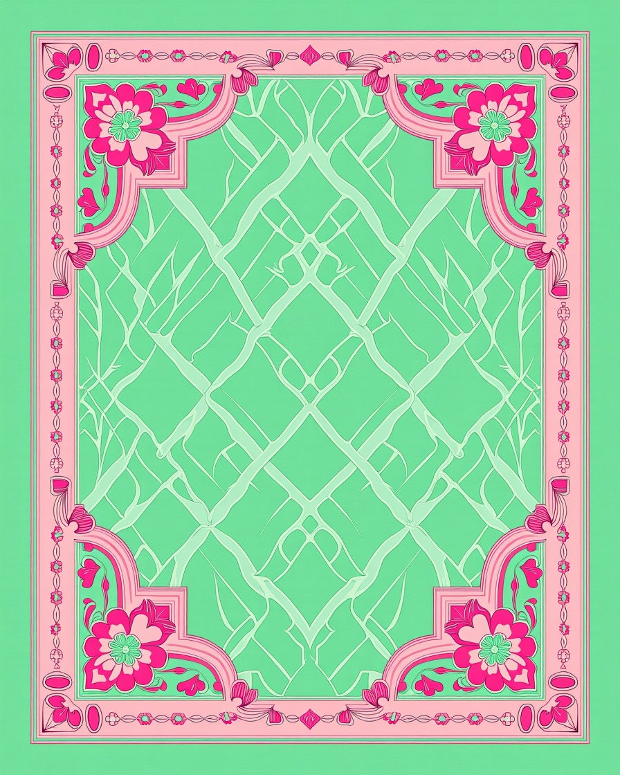 Vibrant Pink Floral Green Lattice Design Rug