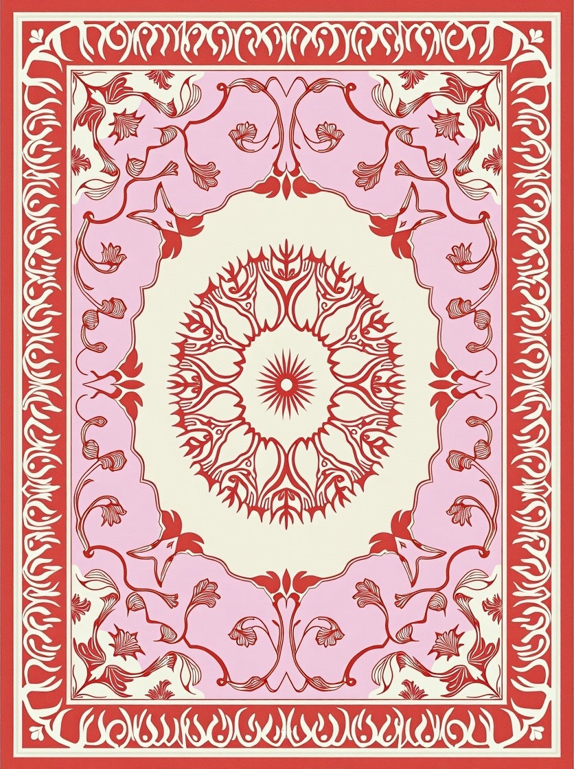 Floral Medallion Red Pink Border Design Rug