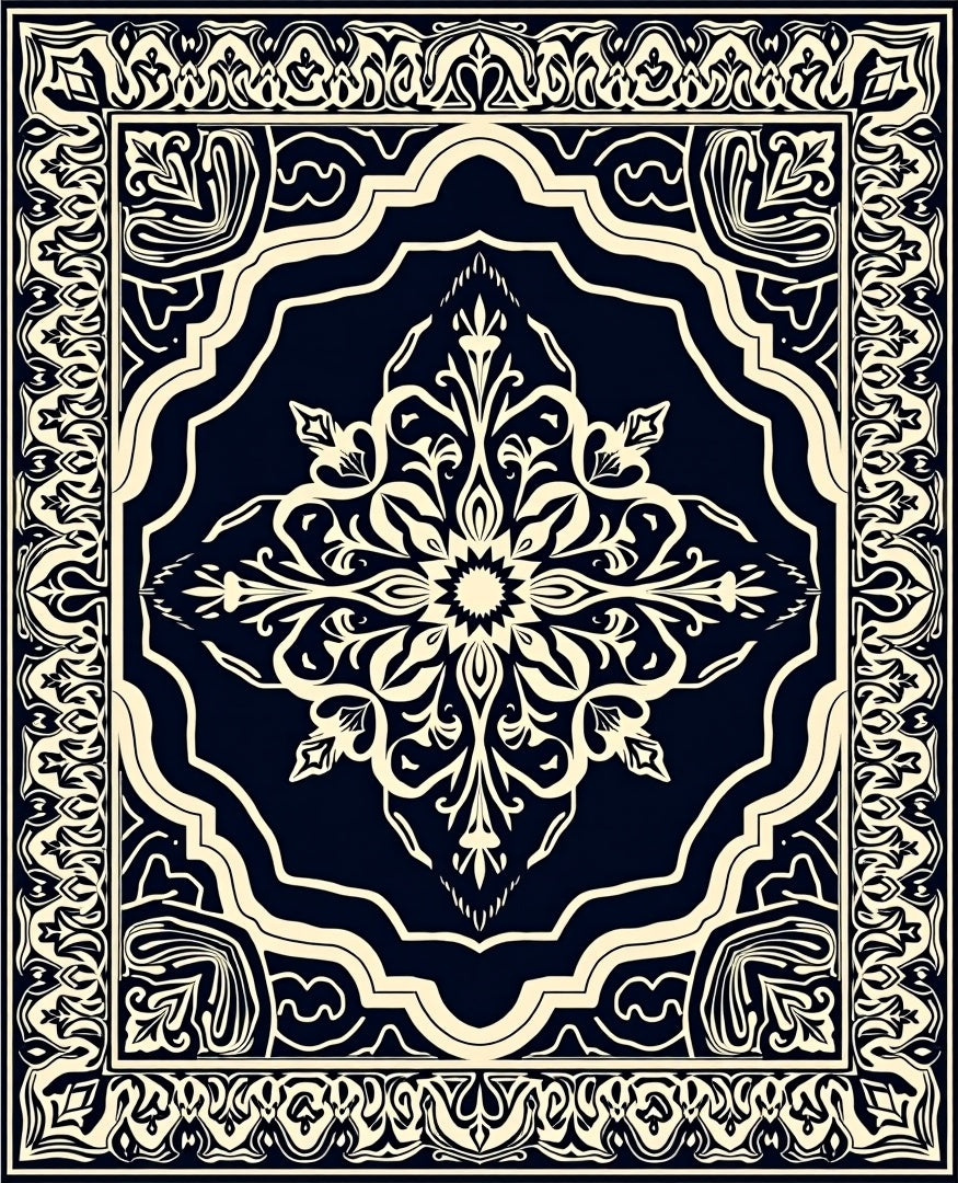 Dark Navy Cream Mandala Design Rug
