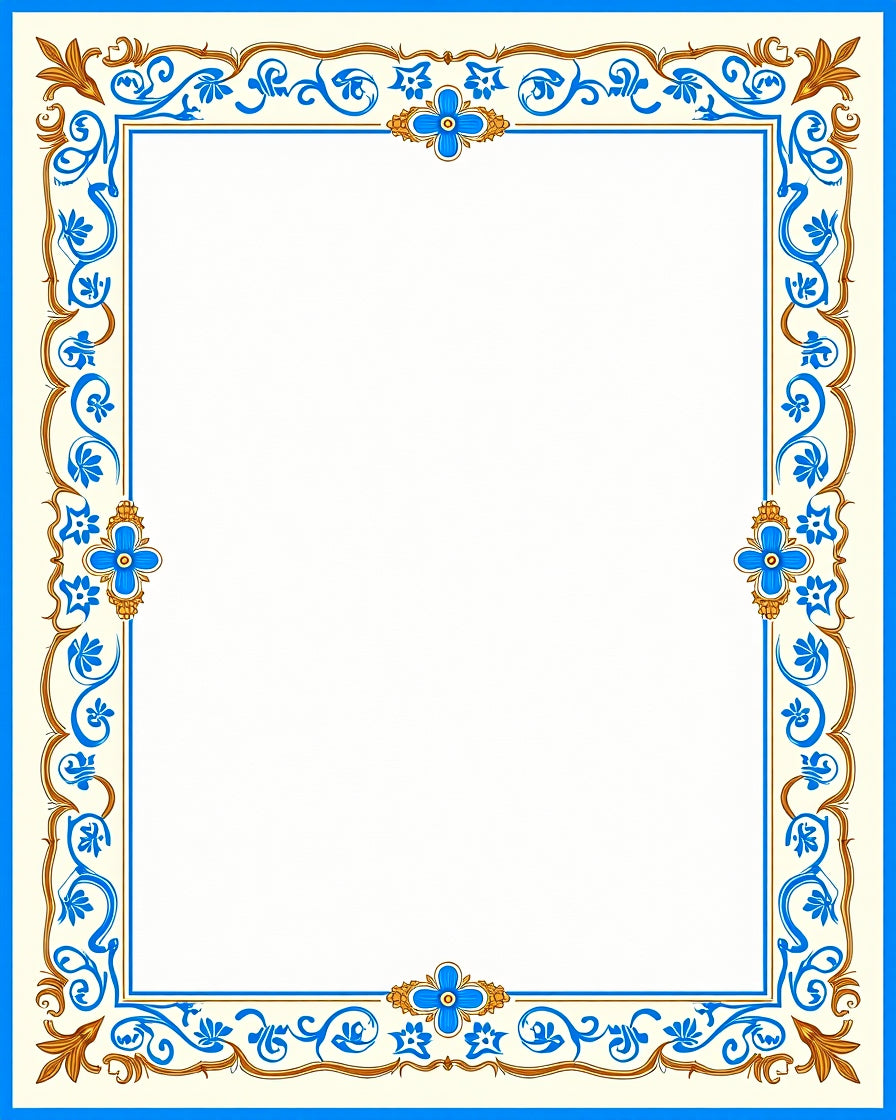 Ornate Blue Gold Floral Border Rug