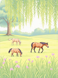 Pastoral Scene 3 Horses Willow Tree Rug