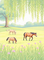 Pastoral Scene 3 Horses Willow Tree Rug