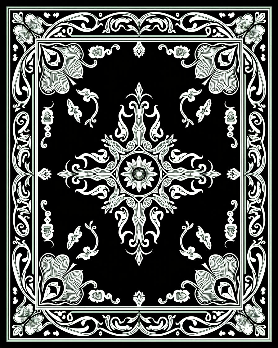 Intricate Floral Symmetry Black White Rug