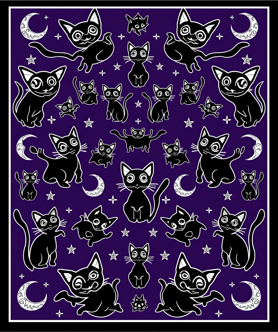 Whimsical Black Cats Stars Design Rug