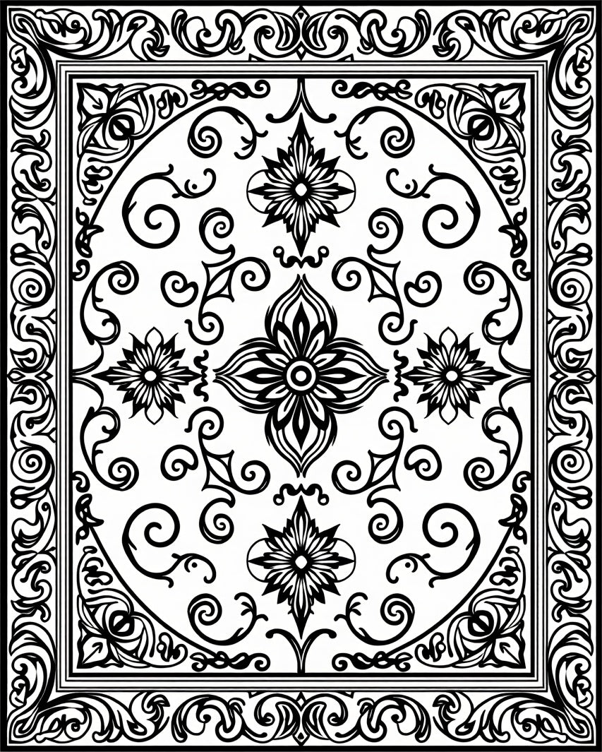 Intricate Floral Scrollwork Black White Design Rug