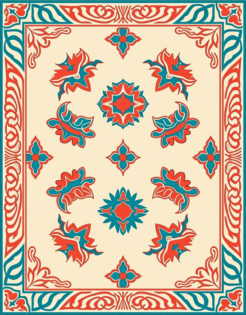 Red Teal Floral Garden Pattern Rug