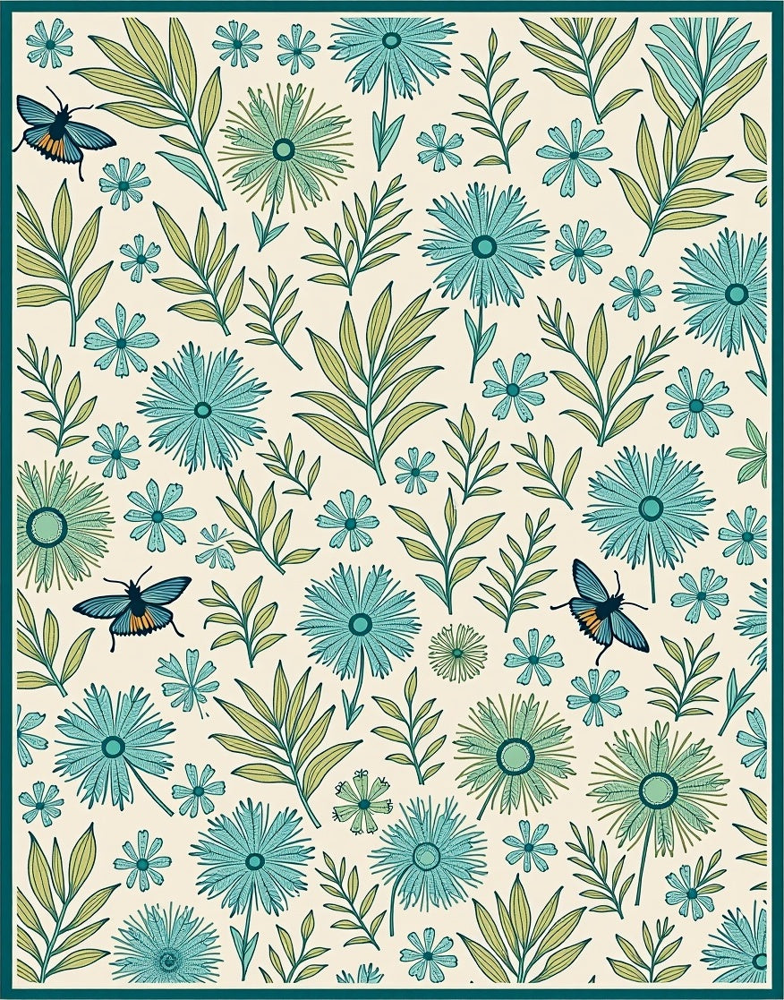 Botanical Daisy Butterfly Pattern Rug