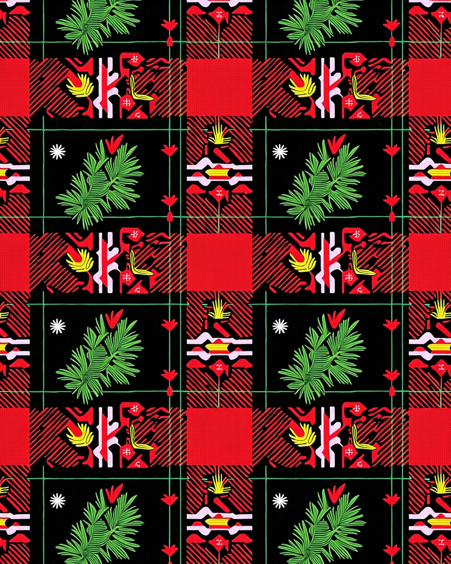Red Black Green Abstract Floral Plaid Rug
