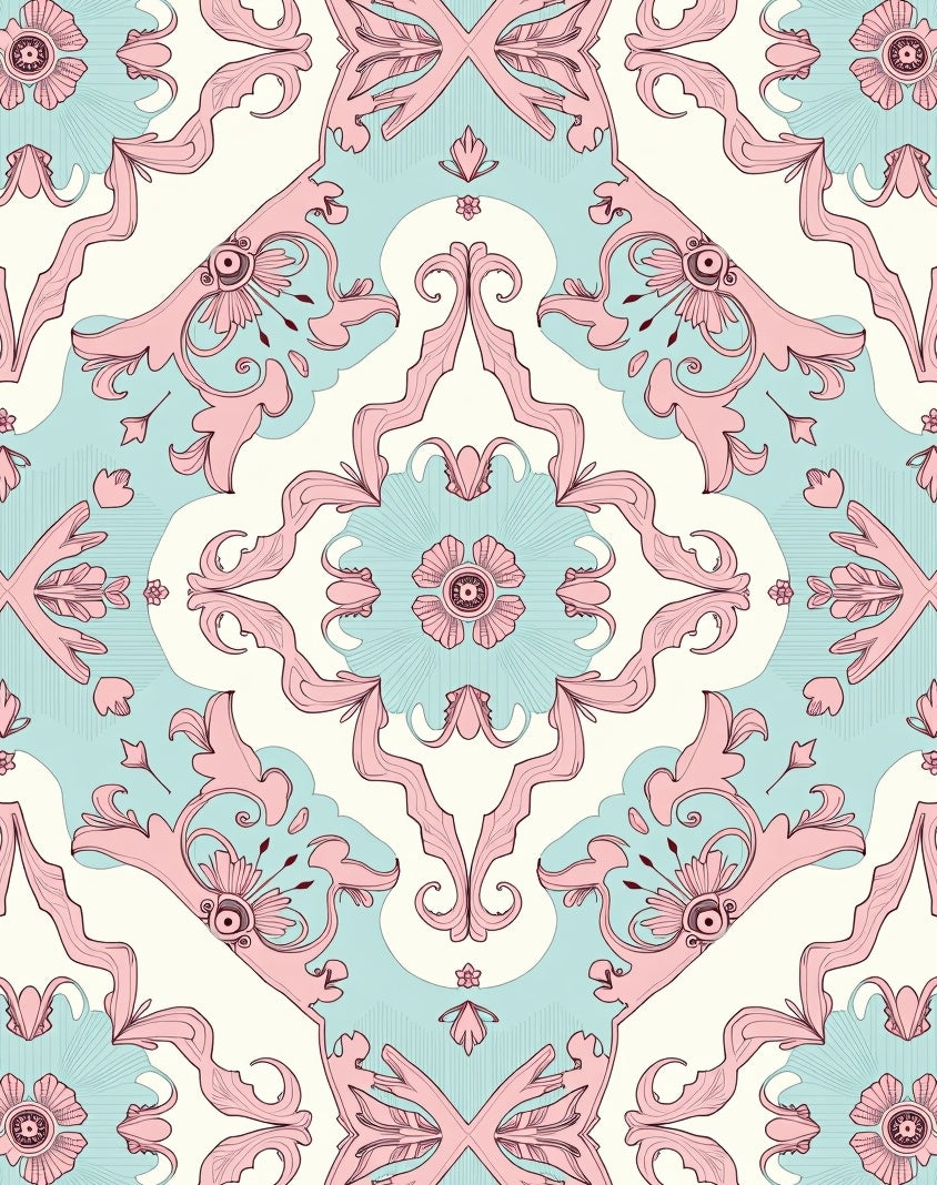 Pastel Pink Rococo Floral Scroll Rug