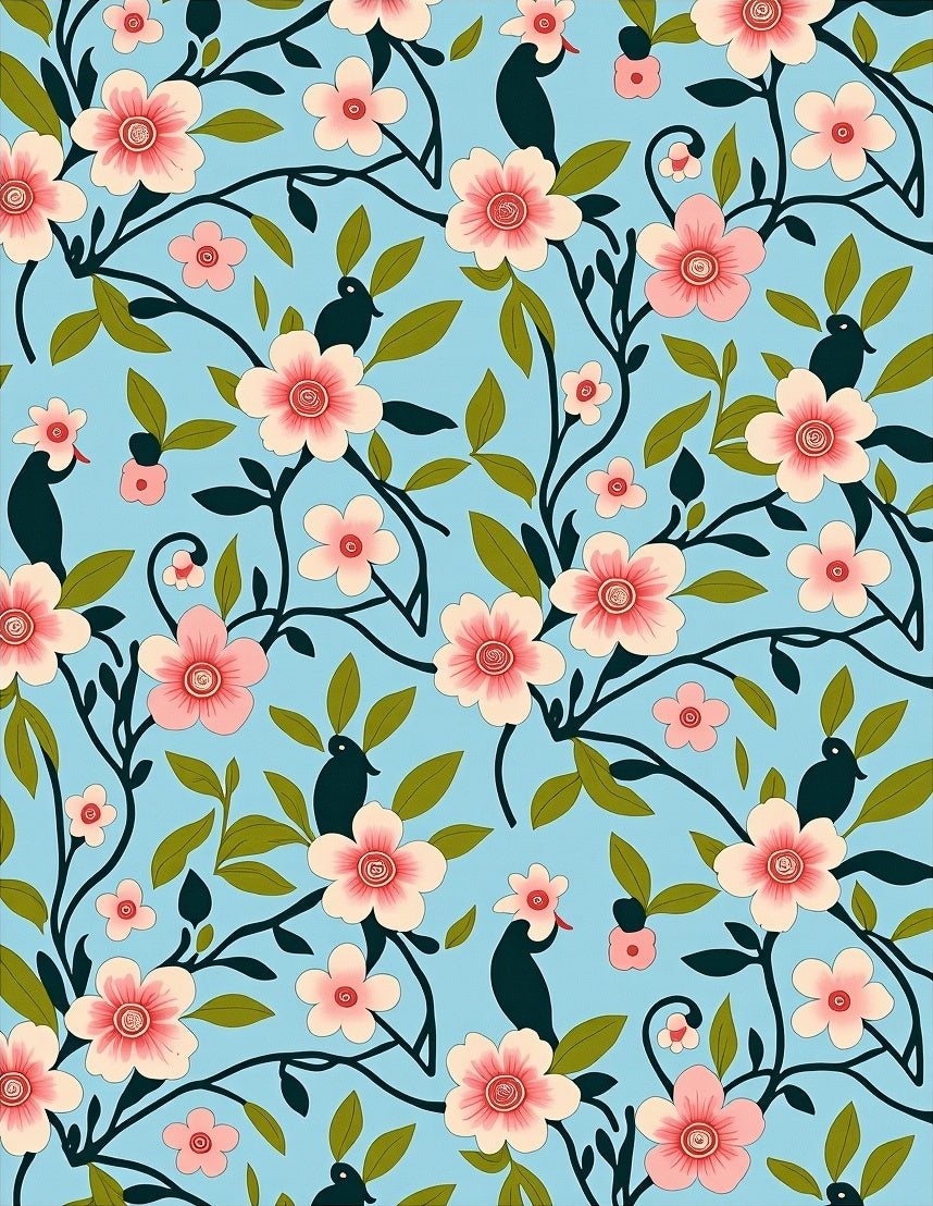 Floral Birds With Pink Blossoms Pattern Rug