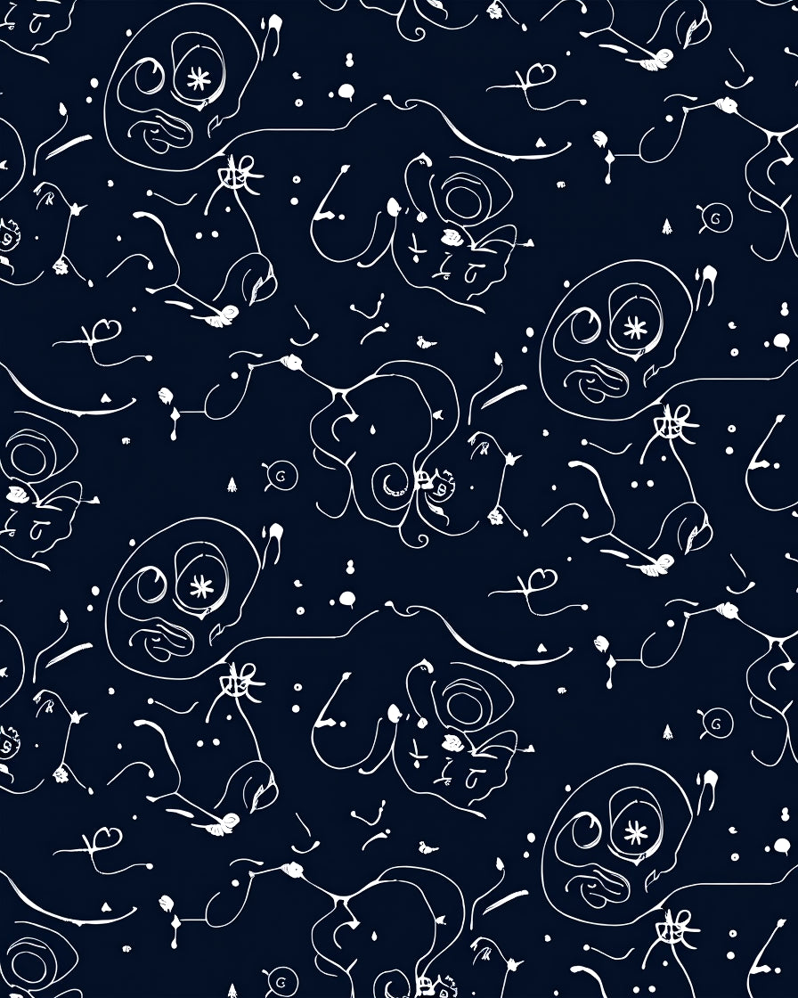 Dark Blue White Sketchy Character Pattern Rug