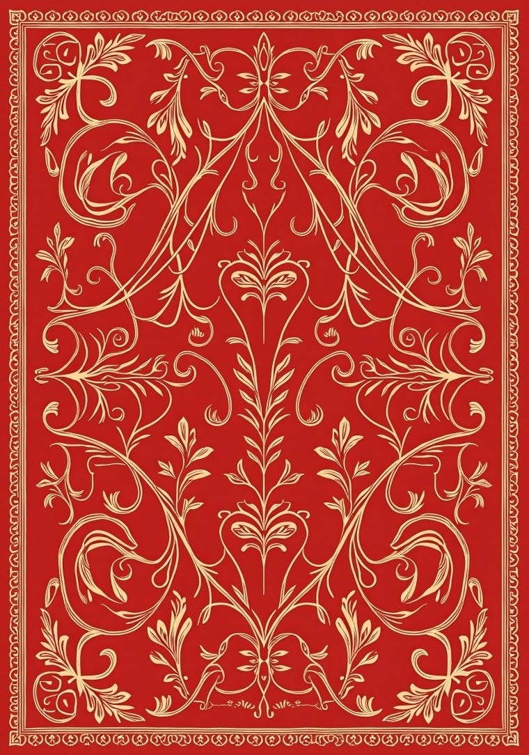 Red Cream Damask Vine Pattern Rug