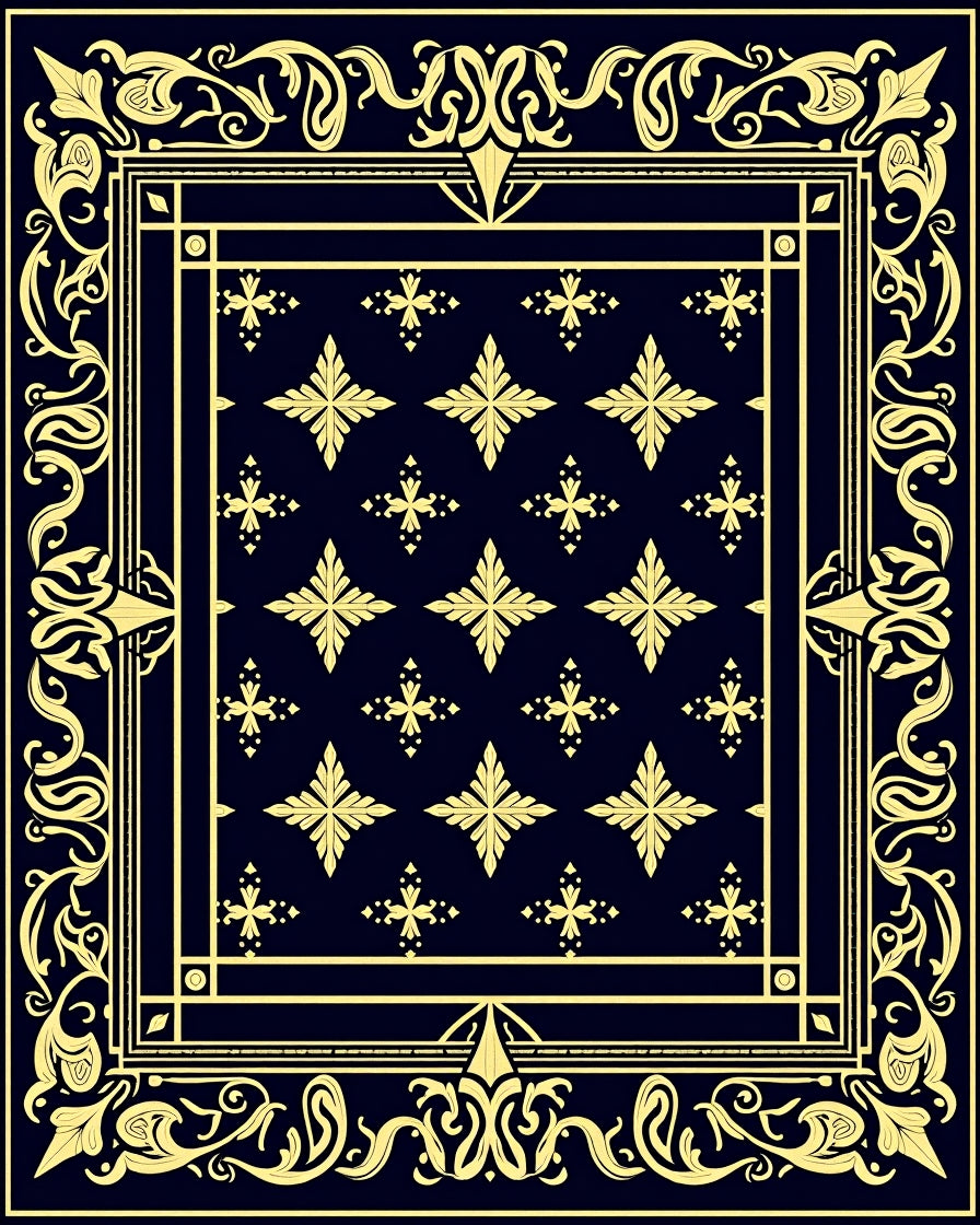 Navy Gold Floral Ornate Border Rug