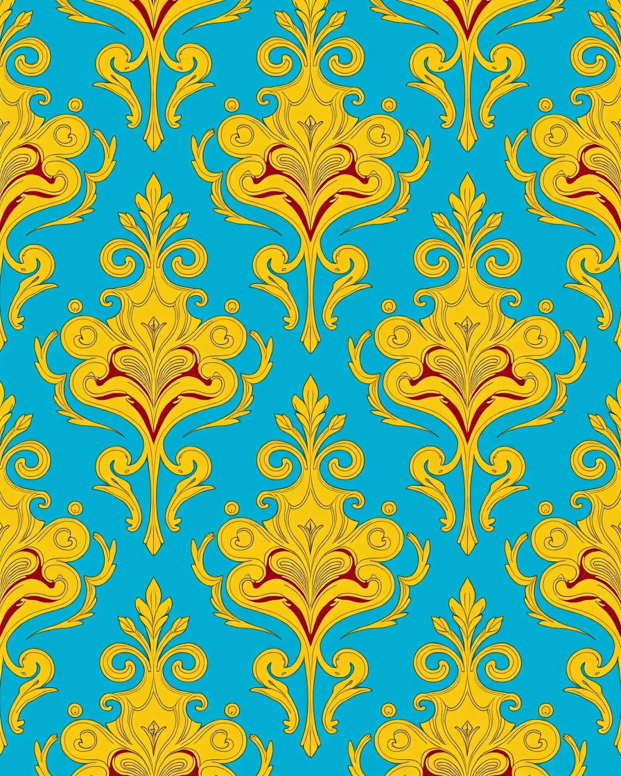 Yellow Red Floral Damask Pattern Rug