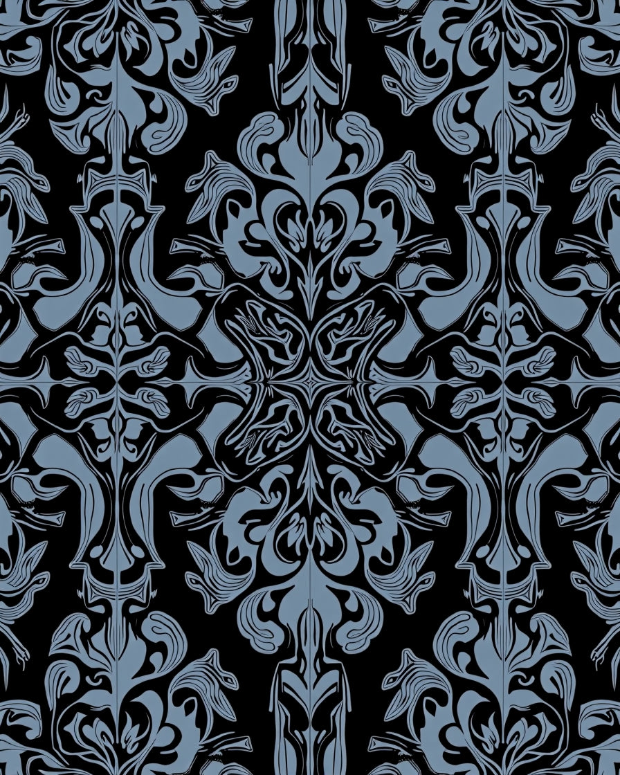 Classic Black Blue Damask Pattern Rug