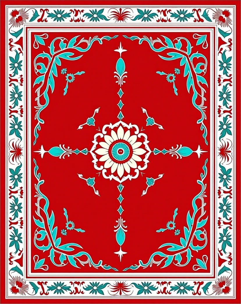 Red Teal Floral Medallion Classic Design Rug