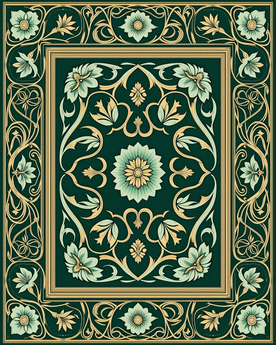 Green Gold Floral Art Nouveau Rug