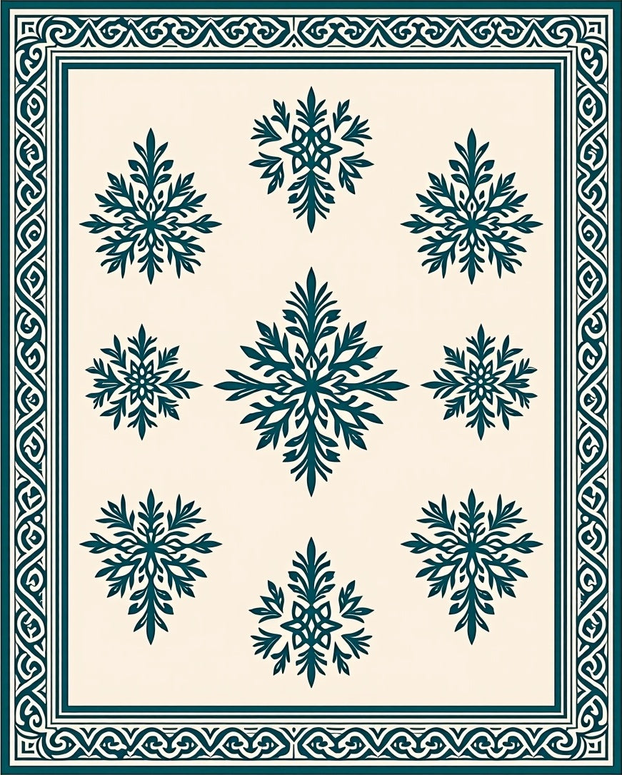 Dark Teal Snowflake Patterned Bordered Rug