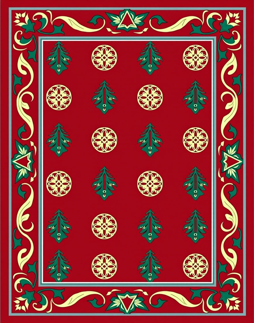 Classic Red Festive Tree Pattern Rug