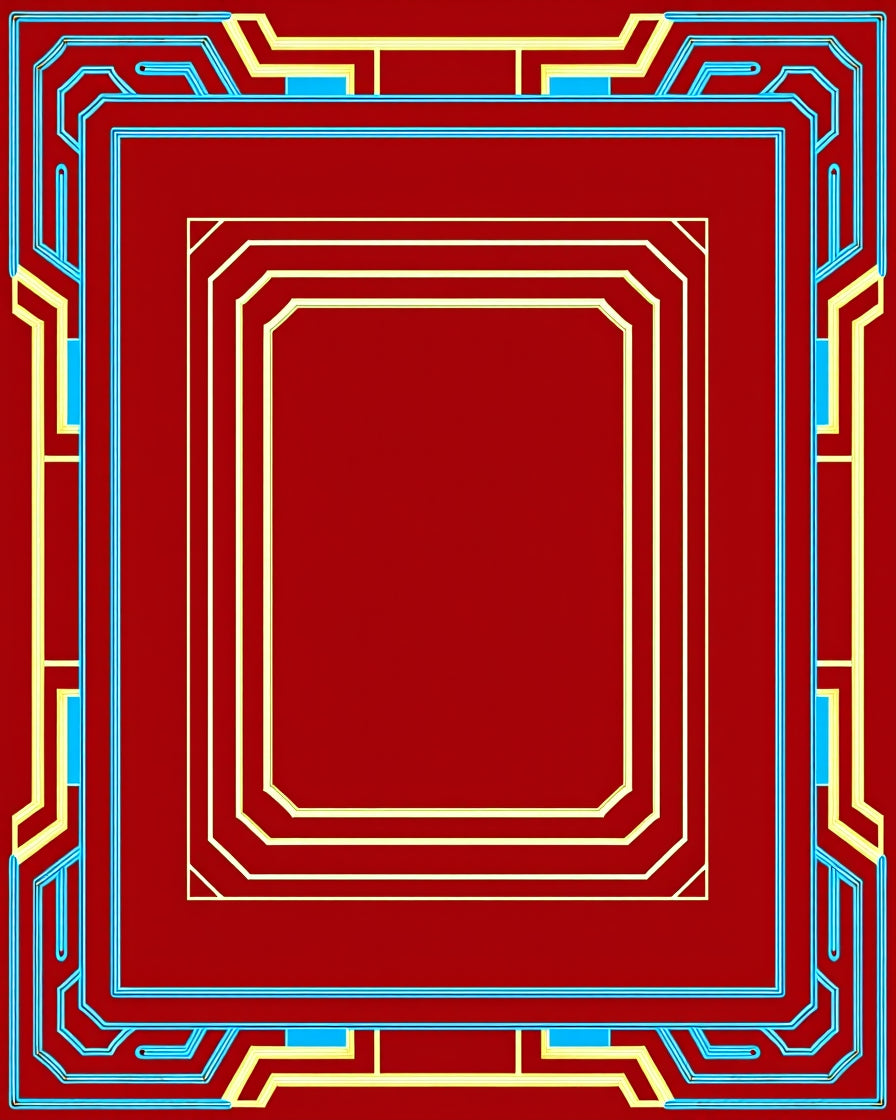 Red Gold Blue Geometric Border Pattern Rug
