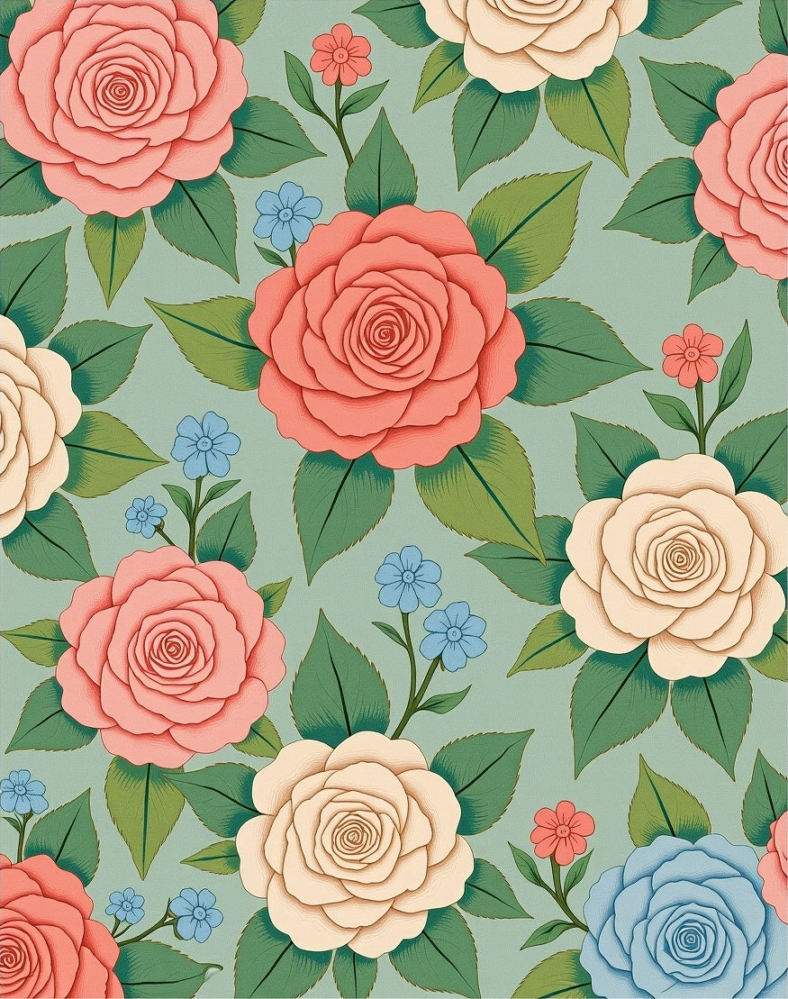 Charming Pink Beige Blue Rose Pattern Rug