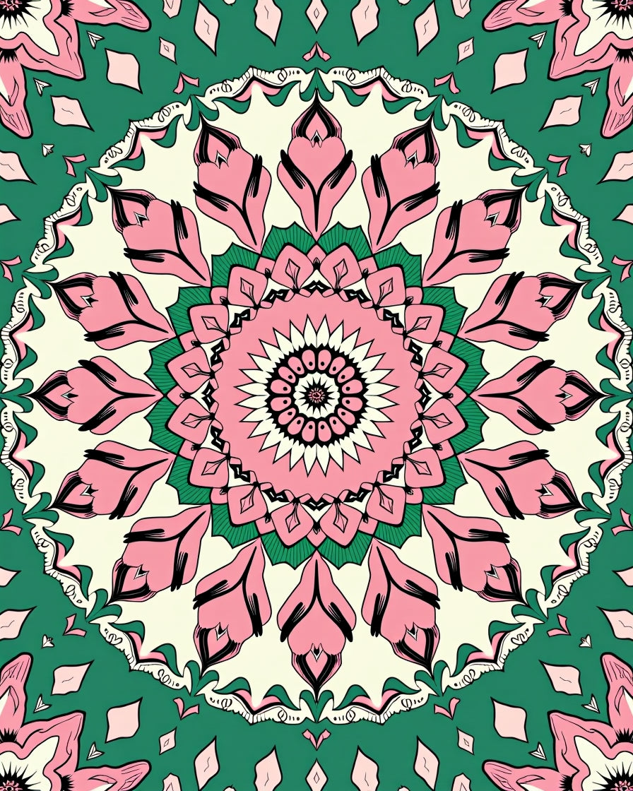 Pink Green Floral Mandala Rug