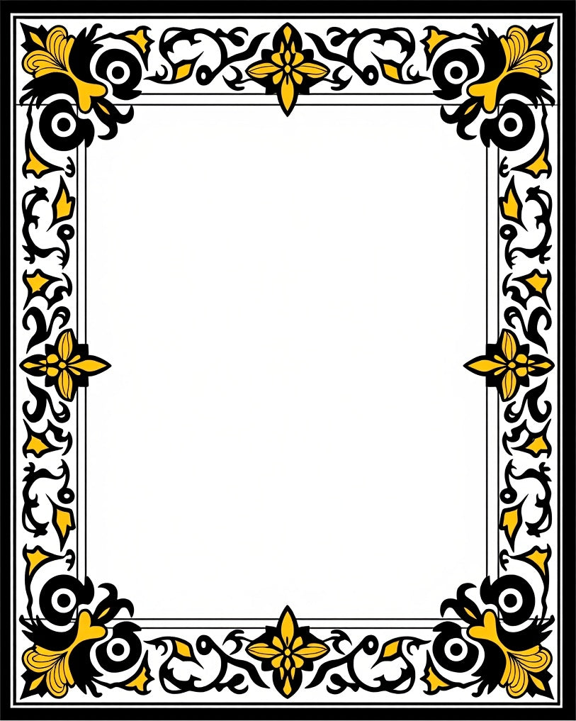 Black Yellow Floral Scroll Border Rug