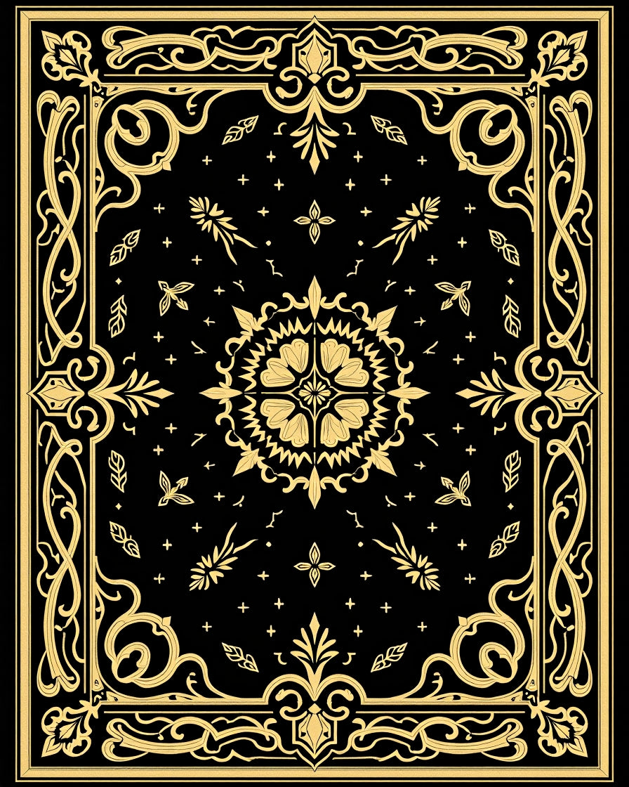 Elegant Black Gold Floral Border Rug