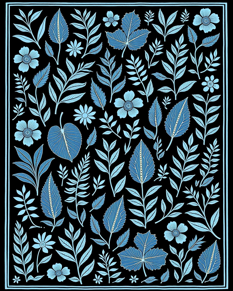 Scattered Teal Floral Botanical Composition Rug