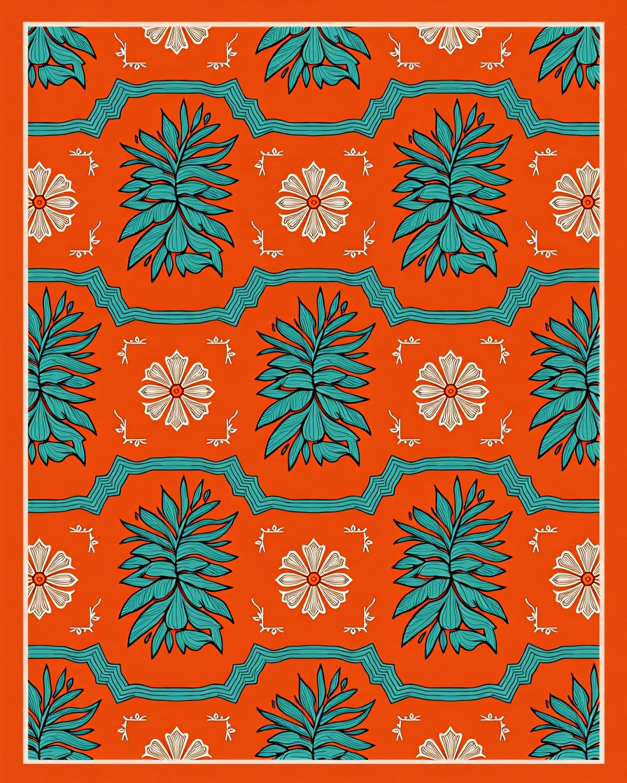 Vibrant Teal Orange Floral Pattern Rug