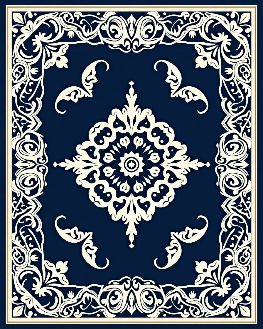 Elegant Ivory Scrollwork Navy Rug