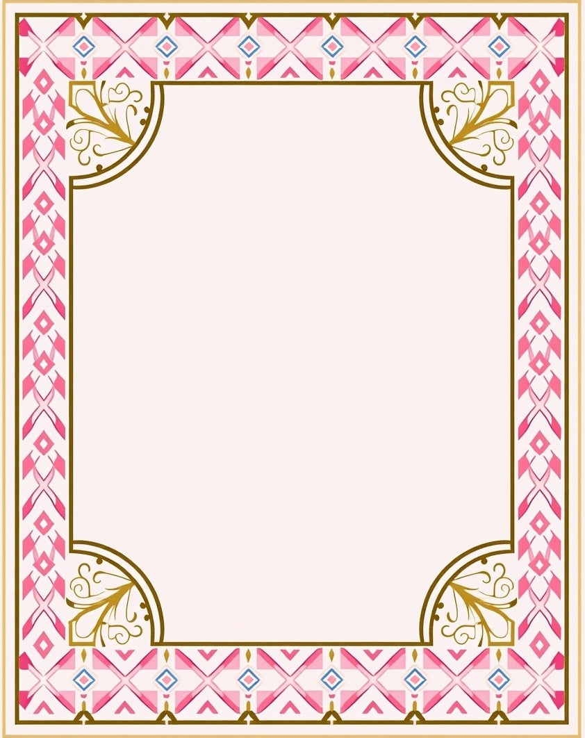 Pink Geometric Border With Gold Accents Rug