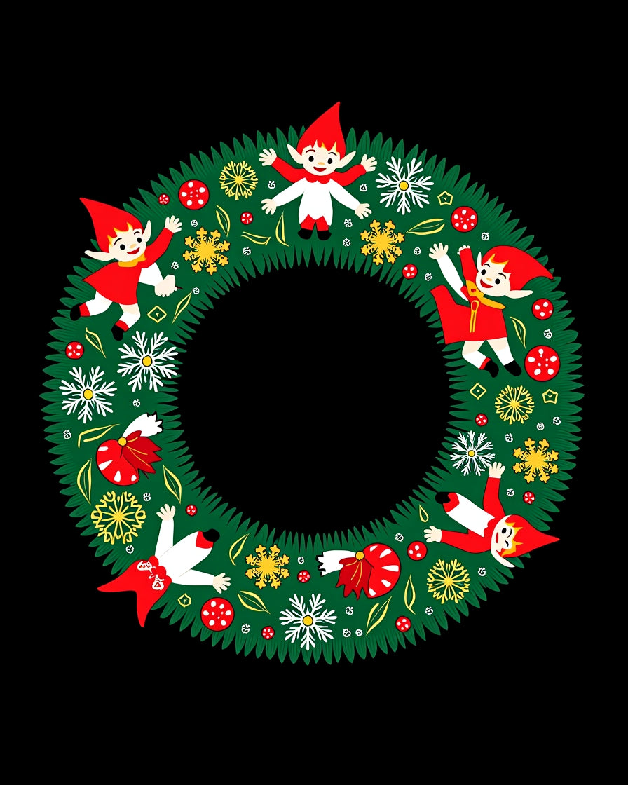 Whimsical Elves Snowflake Green Wreath Rug